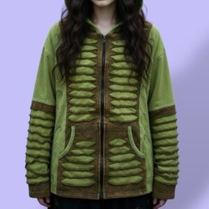 1990s Rising International Green Textured Fairy Grunge Zip-Up Hoodie